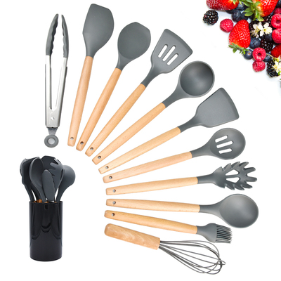 Colorful 12pcs Wooden Handle Silicone Kitchen Utensil Set with Holder